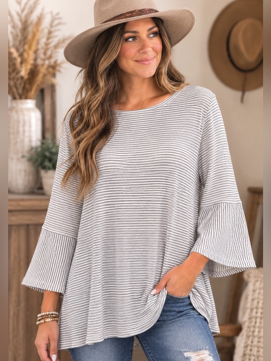 Mystree Tops - Mystree Pinstripe Bell Sleeve Swing Top